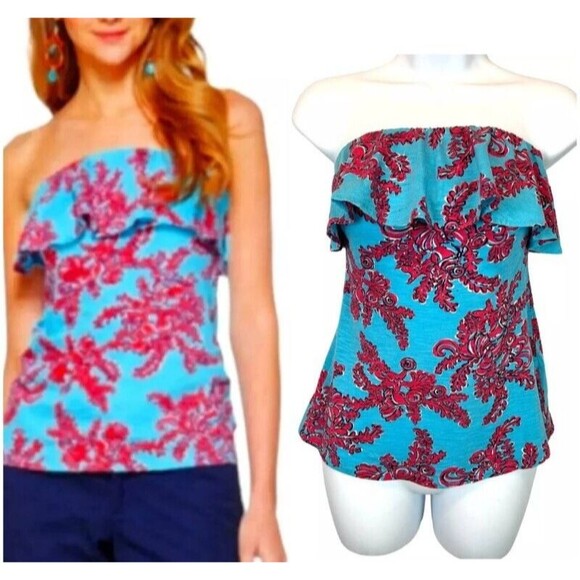 Lilly Pulitzer Strapless Top  Women's Size XS  Blue / Red Floral Print - Picture 1 of 9